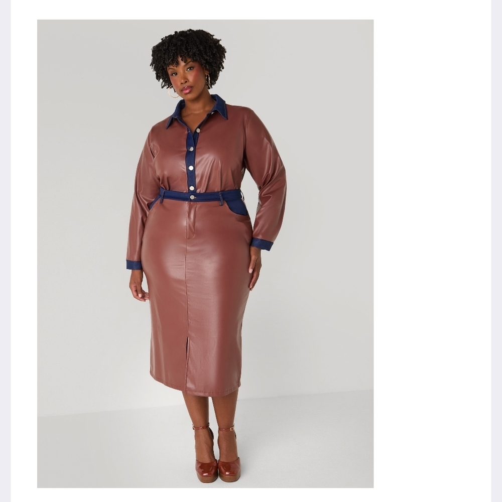 Brown Faux Leather Skirt With Denim Trim